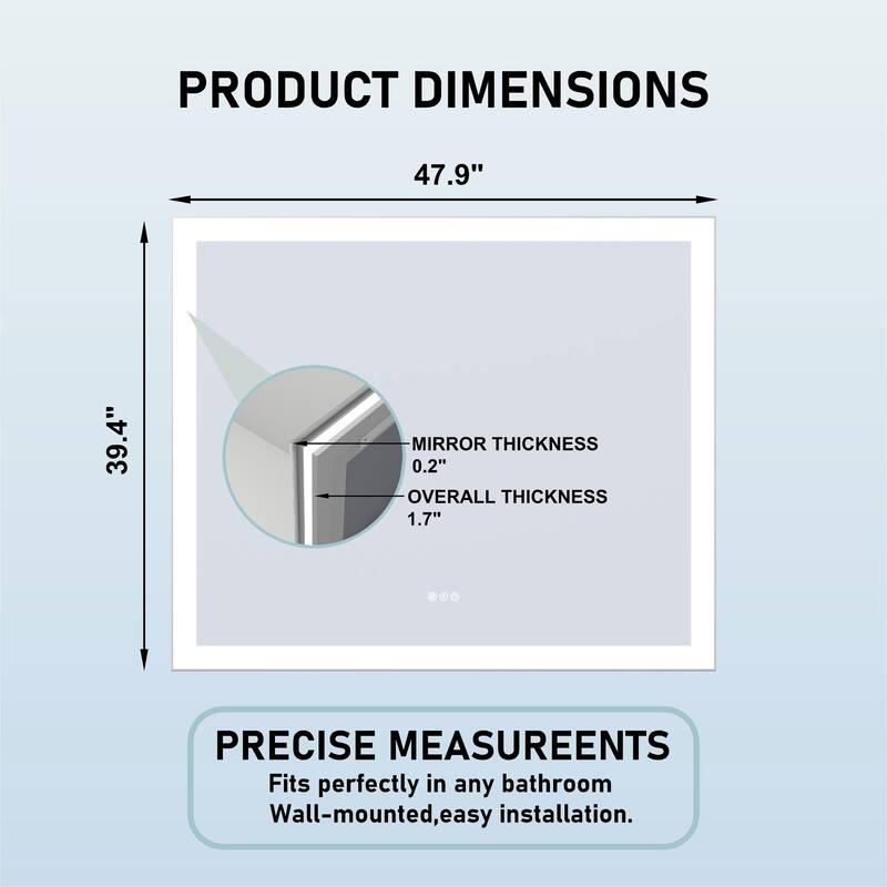 48 x 40 Inch Frameless LED Bathroom Mirror, Smart Mirror