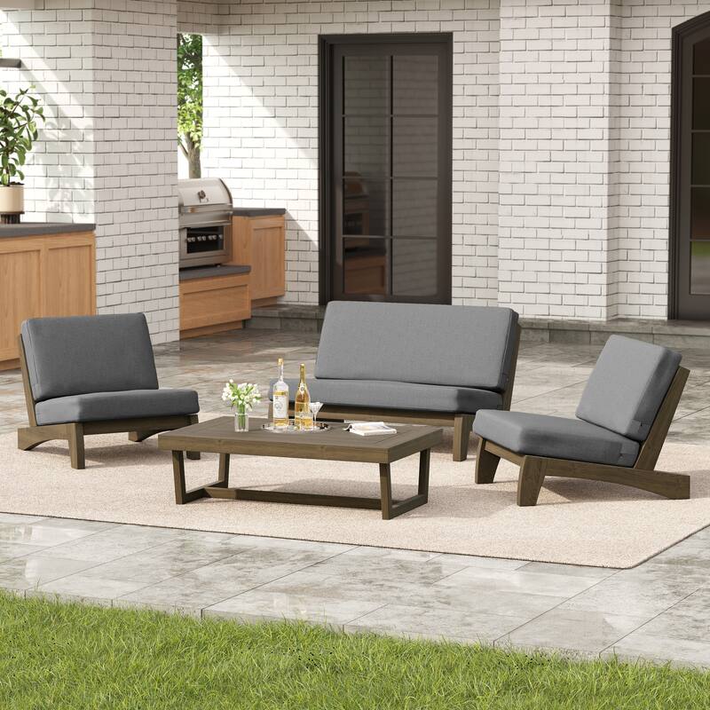 4 Set Outdoor Patio Teak Wood Club Chairs Loveseat with Coffee Table - Grey - NaturalFrame