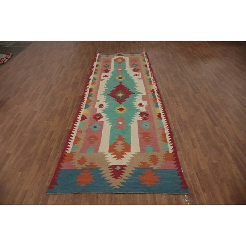 Hand Woven Oriental 100% Wool Carpet Southwestern Tribal Multi-Colored Kilim Runner Rug - 14' 10'' X 4' 9''