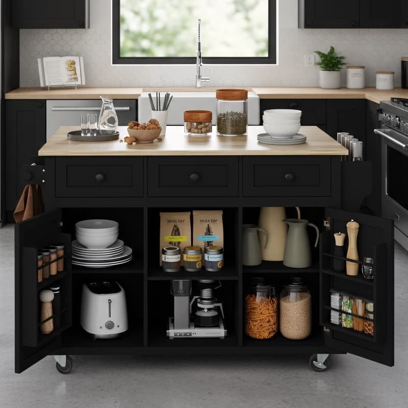 Portable Rolling Kitchen Island Cart with Storage - Black