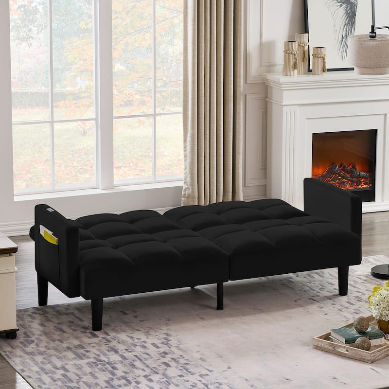Versatile Adjustable Futon Couch Convertible Velvet Sleeper Sofa Bed with USB, Side Pockets, Chevron Tufting and Tapered Legs