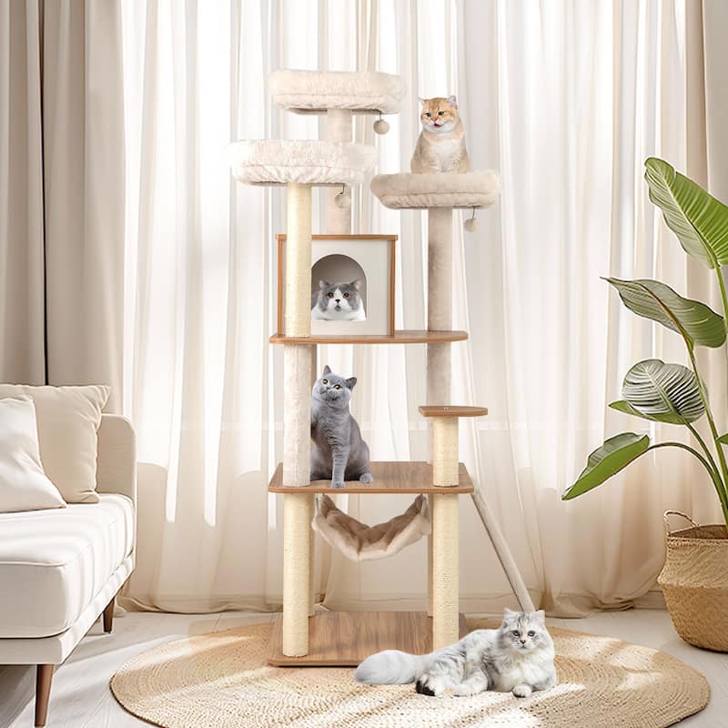 68 Inch Multi-Level Cat Tree Tower with Condo Hammock Perches Ladder and Scratching Posts