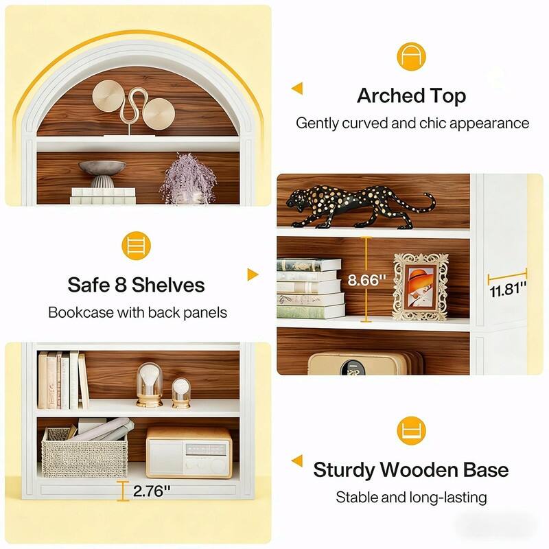 8-Tier Arched Bookshelf with Two-Tone Finish, Sturdy MDF Bookcase with Closed Back for Living Room, Study, or Kitchen