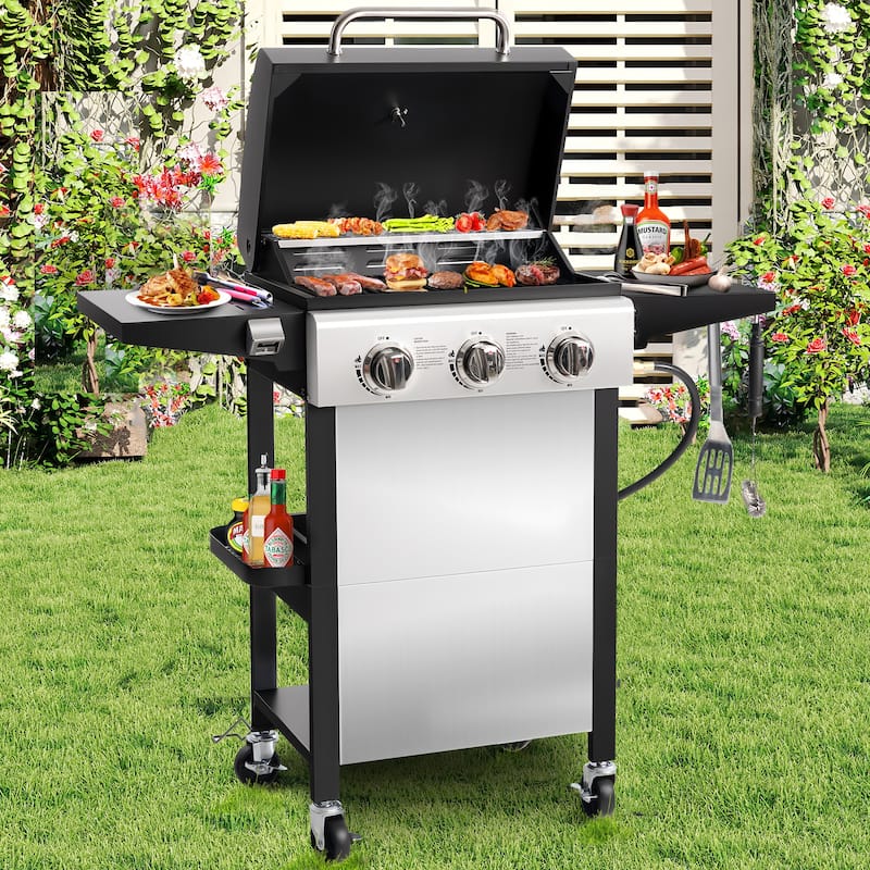 3-Burner 27000BTU Propane Gas Grill w/Daul Zone, Foldable Table, Hanging Basket - N/A - Black - Propane Gas