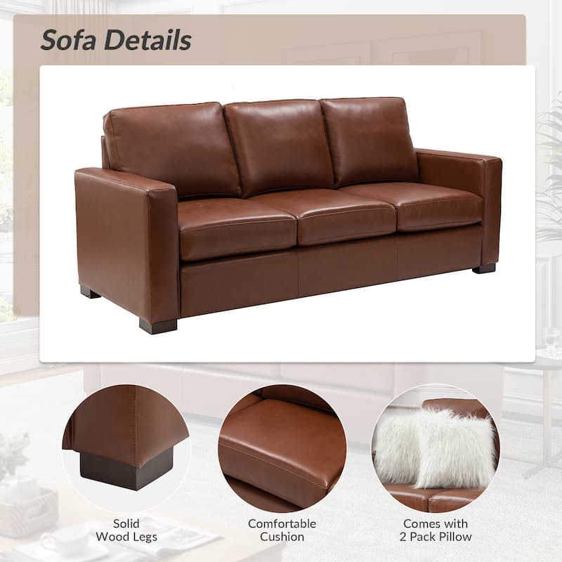 Ernando 83.46" Wide Genuine Leather Sofa with Squared Arms and Pillows