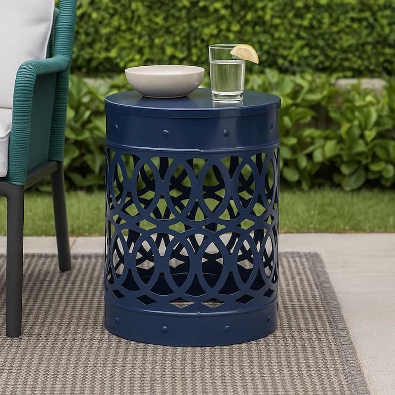 Kemo Outdoor End Table, Round 14 Inch, Cutout Design, Navy Blue Iron