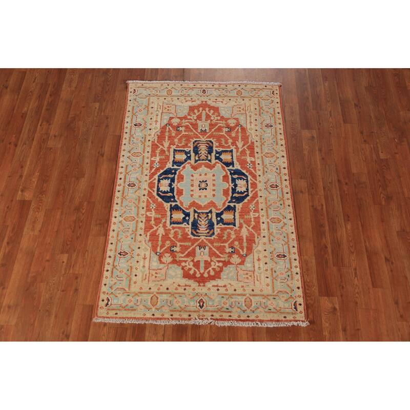 Orange Vegetable Dye Heriz Serapi Rug Hand-Knotted Wool Carpet - 3'1"x 4'10"