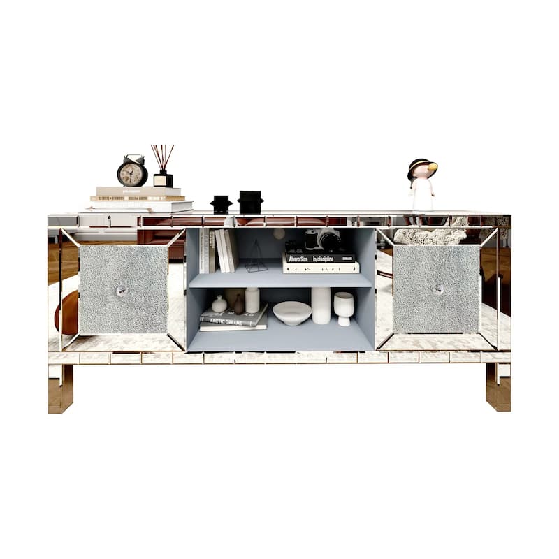 Mirrored TV Stand, Media Entertainment Center, Console Table with Crushed Diamond Glass Doors and Adjustable Shelves