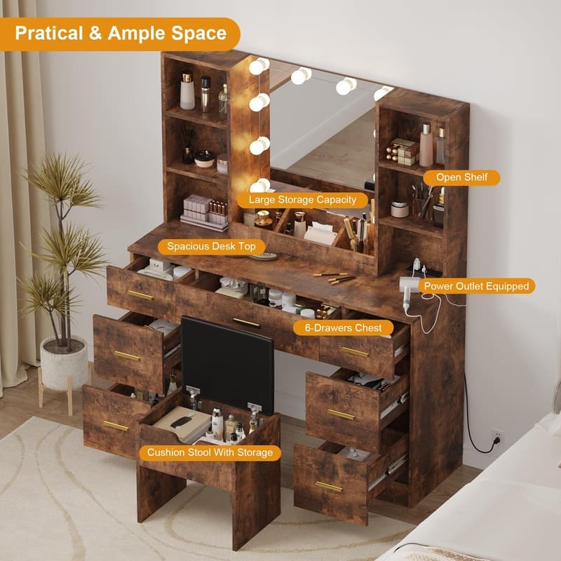 56" Farmhouse Makeup Vanity Set with Lighted Mirror, Charging Station, 7 Drawers