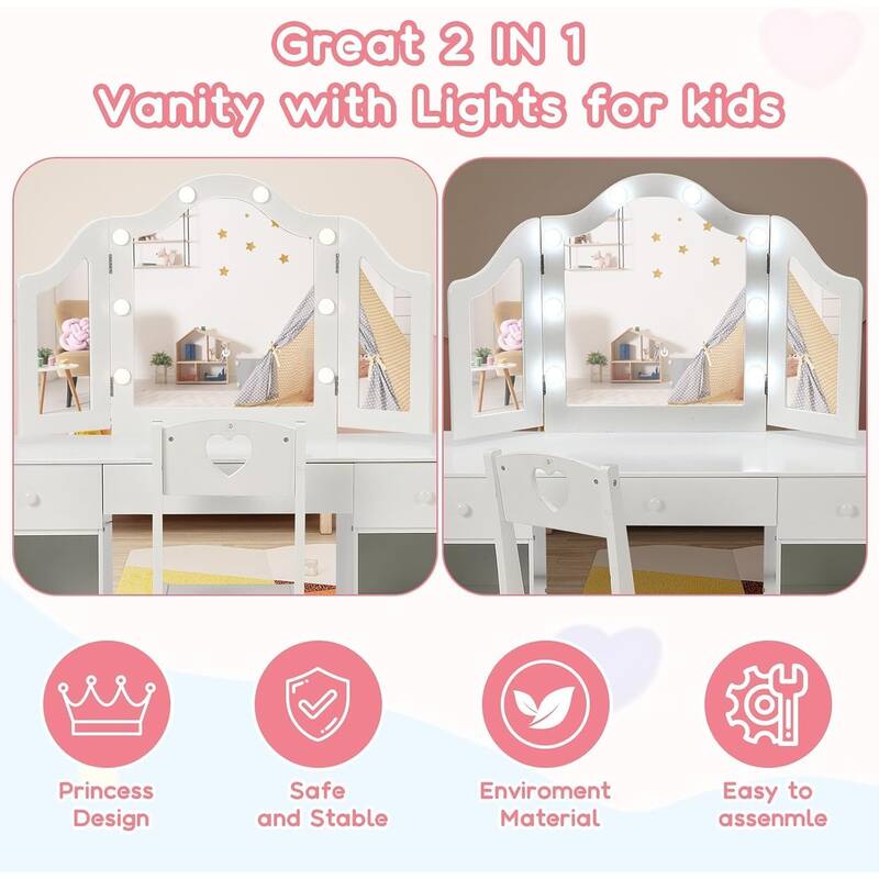 Kids Vanity Set, 2-in-1 Princess Makeup Table with Tri-Folding Mirror & Drawer