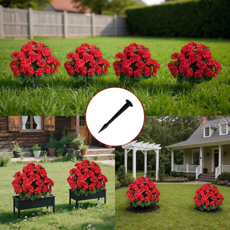 2PCS Artificial Begonias Bush with Ground Spike for Outdoor Indoor Front Porch Garden - 19.7 inch