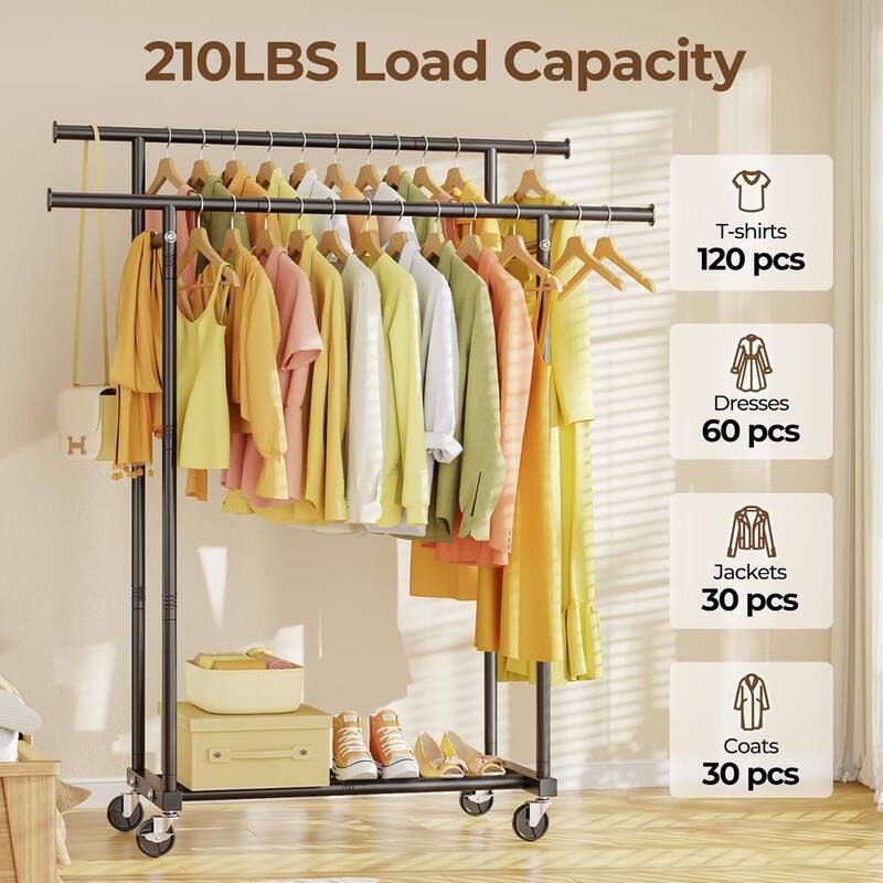 Double Rods Clothes Rack, Rolling Clothing Rack for Hanging