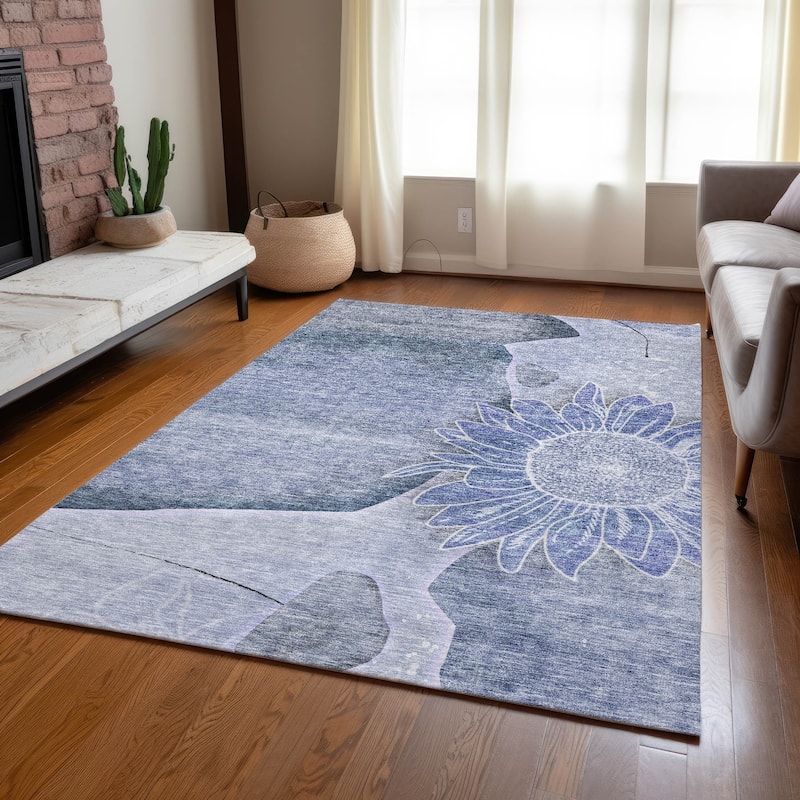 Machine Washable Indoor/ Outdoor Chantille Modern Sunflower Rug