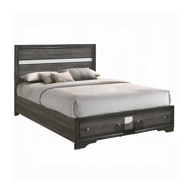 Platform Wooden Queen Size Bed with Silver Trim Accents and 2 Drawers, Gray
