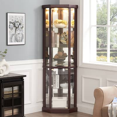 Lighted Corner Glass Curio Cabinet Display Case with Adjustable Shelves