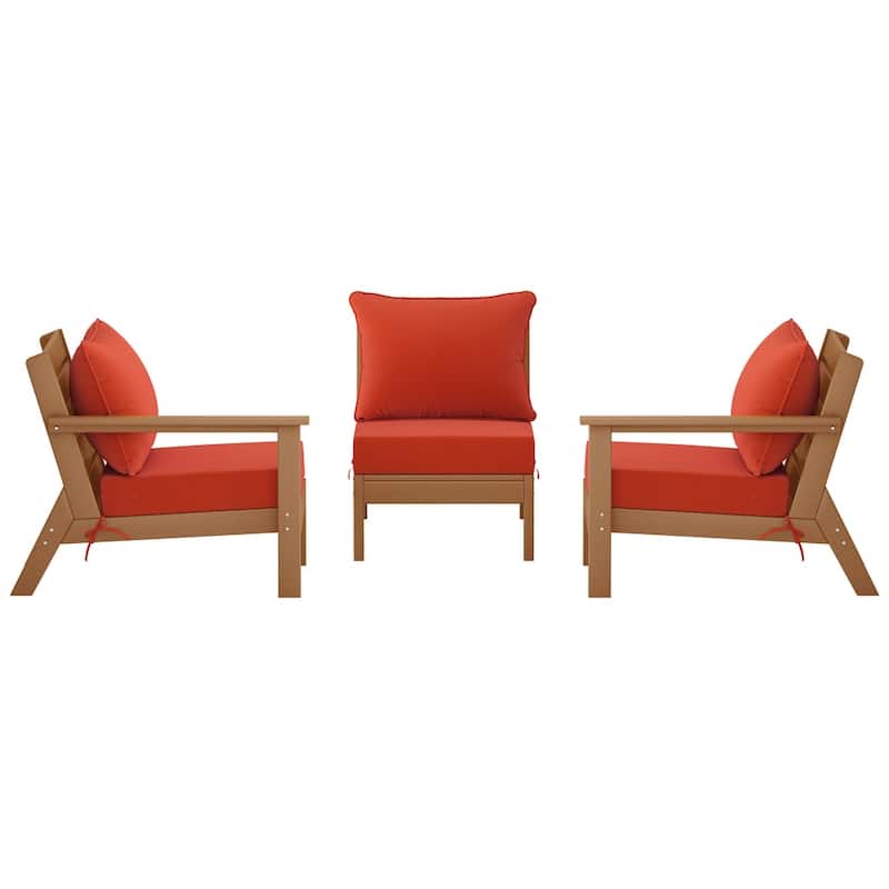 Polytrends Birchwood All Weather HDPE Outdoor Patio Deep Seating Teak Sofa With Cushions (3-Piece)