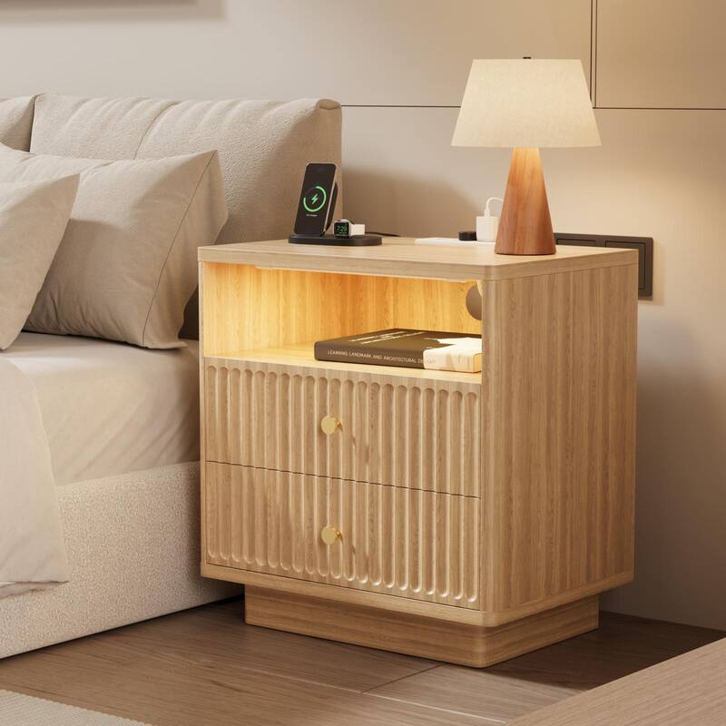 22''.72 W LED Sensor Nightstand w/Storage and Built-in Charging Station
