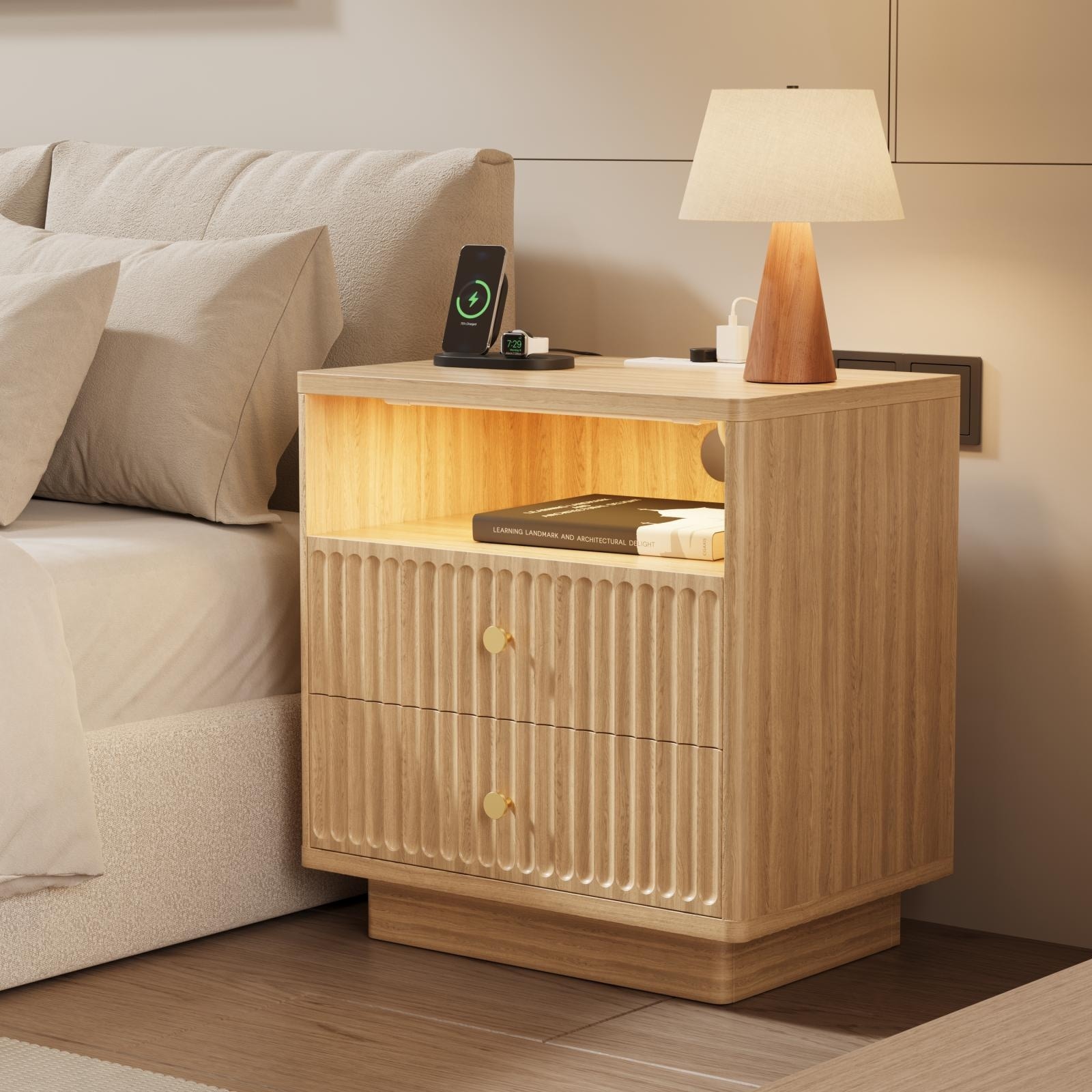 22.72" Modern LED Nightstand w/Sensor Light, Charging Station, Double Drawers & Open Shelf