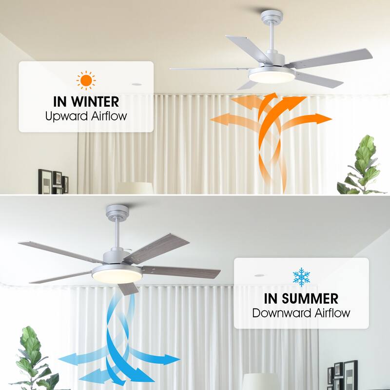 52" Modern Silver Reversible 5-Blade Dimmable Intergrated LED Ceiling Fan with Remote