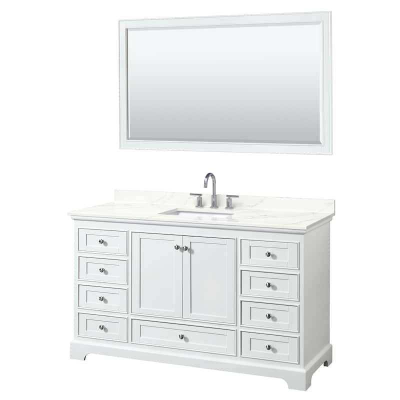 Deborah 60-inch Single Vanity, Quartz Top, 58-inch Mirror - White, Chrome Trim, Giotto Quartz Top