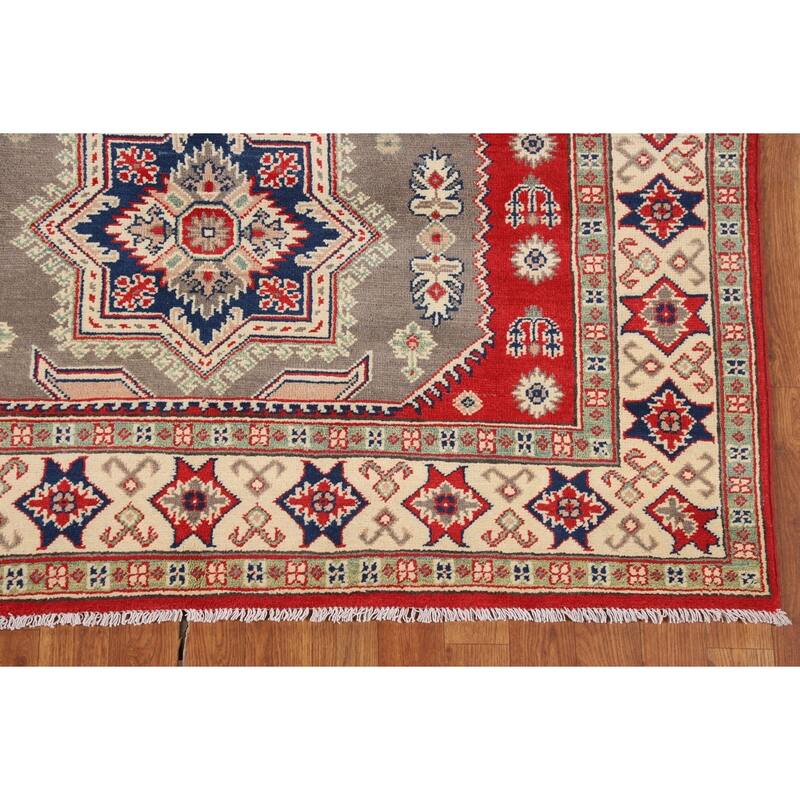 Geometric Kazak Oriental Area Rug Handmade Grey Wool Carpet - 5'0" x 6'6"