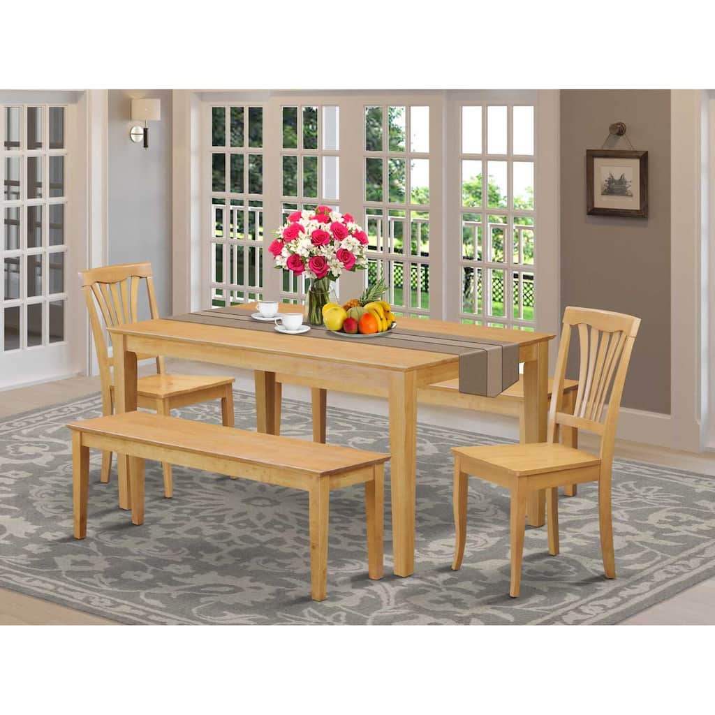 HomeStock 5-Piece Rectangle Natural Oak Finish Solid Wood Top Dining Table with 2 Benches, 2 Chairs with Lattice Back