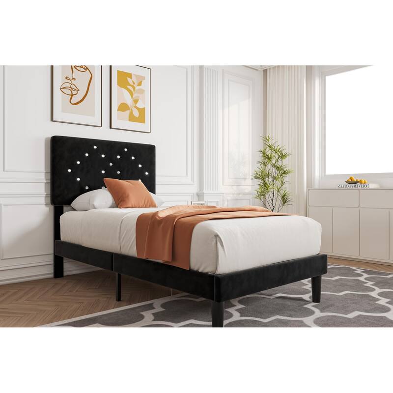 Velvet Upholstered Bed Frame, Vertical Channel Tufted & Sturdy Wood Slats