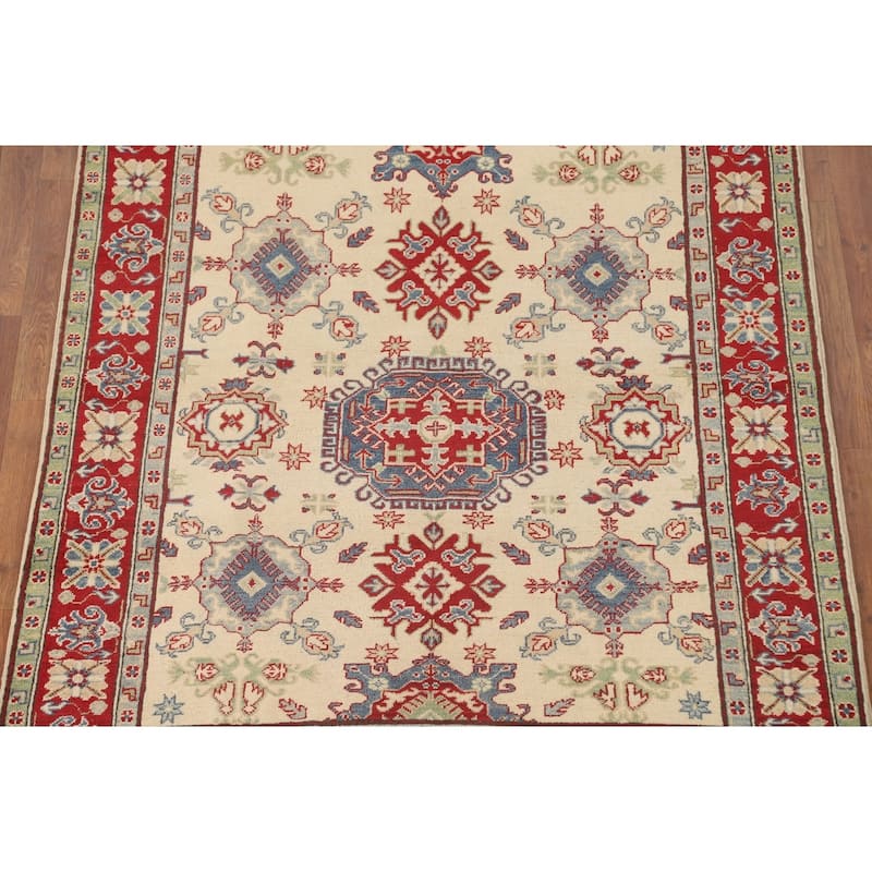 Geometric Beige Kazak Area Rug Hand-Knotted Traditional Wool Carpet - 5'0" x 6'3"
