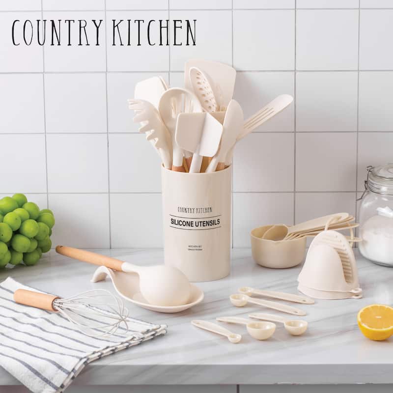 Country Kitchen Non Stick Silicone Utensil Set with Rounded Wood Handles for Cooking and Baking, 38 Piece Set