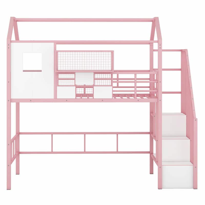 Twin Size Metal Loft Bed with Roof Design and Integrated Storage Box