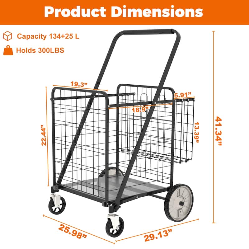 Foldable Super Jumbo Grocery Shopping Cart w/ Double Basket & 360 Rolling Swivel Wheel
