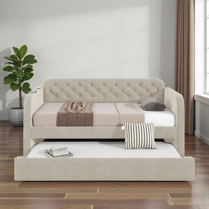 Twin Velvet Upholstered Daybed with Trundle and USB Charging Port, Tufted Backrest Sofa Bed for Bedroom or Living Room
