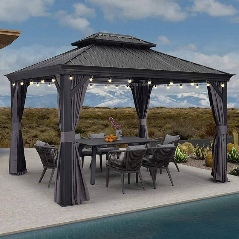 PURPLE LEAF Outdoor Galvanized Steel Hardtop Gazebo, Aluminum Frame Gazebo With Curtains - 10' x 12' - Grey(With lights)