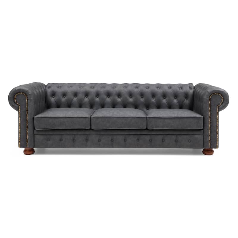 Vintage Faux Leather Chesterfield Sofa - Durable 3-Seater with Solid Wood Frame and Bronze Nails