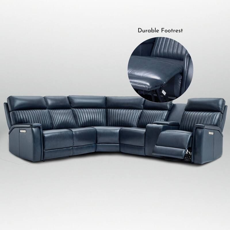 Genuine Leather Power Recliner Sectional Sofa with Console, Ajustable Headrest, USB&USB-C Port