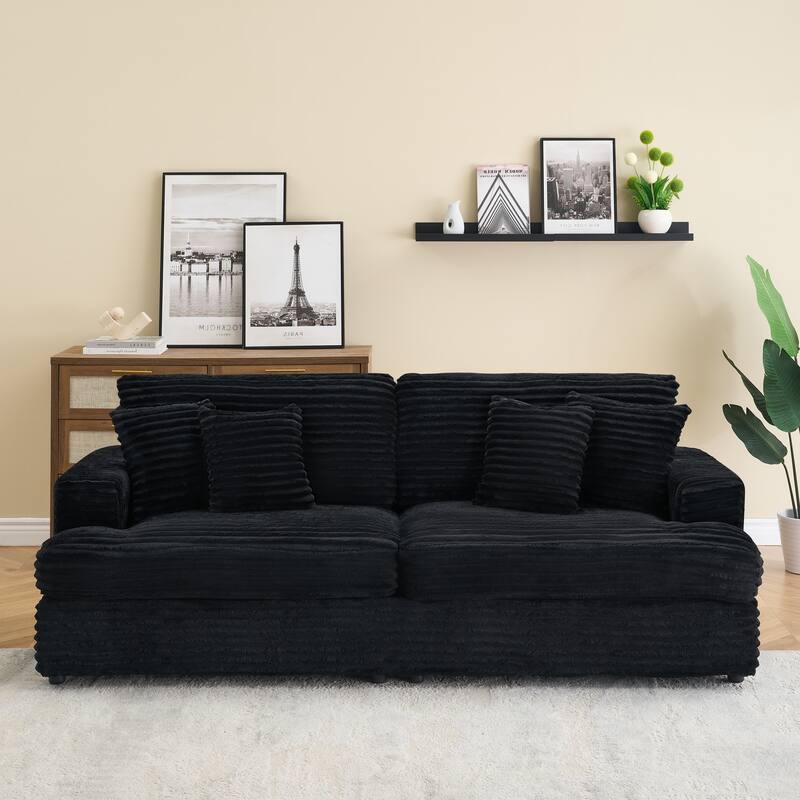 Corduroy Loveseat Sofa with 4 Pillows & Cushions, Upholstered Deep Seat Sofa wSolid Wood Base Frame Recliner Sofa Couch - Black
