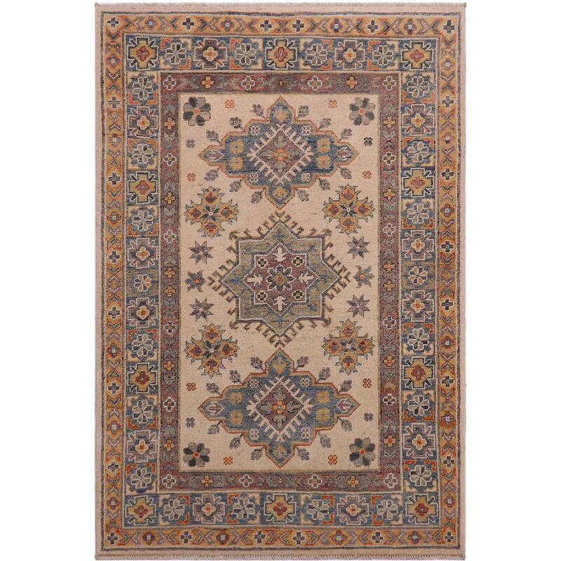 Southwestern Kazak Rory Beige/Light Blue Wool Rug - 3'3'' x 4'10''
