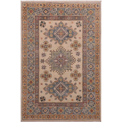 Southwestern Kazak Rory Beige/Light Blue Wool Rug - 3'3'' x 4'10''