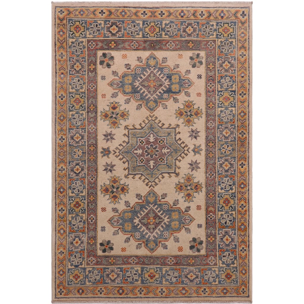 Southwestern Kazak Rory Beige/Light Blue Wool Rug - 3'3'' x 4'10''