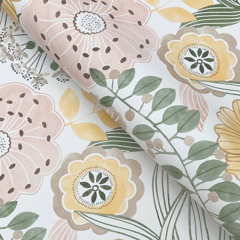 York Wallcoverings Artistic Bouquet Coral and Lemon Wallpaper