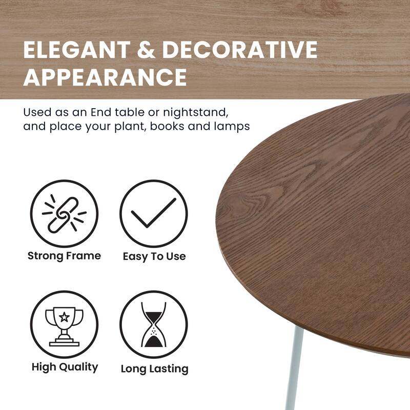Rossmore Round Side Table MDF Wood Tabletop and White Stainless Steel Frame Accent End Tables