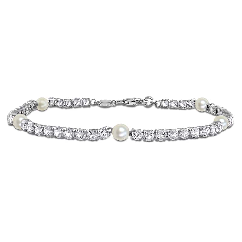 Miadora 4-4.5mm Cultured Freshwater Pearl 5 3/8ct Created White Sapphire Bracelet Sterling Silver