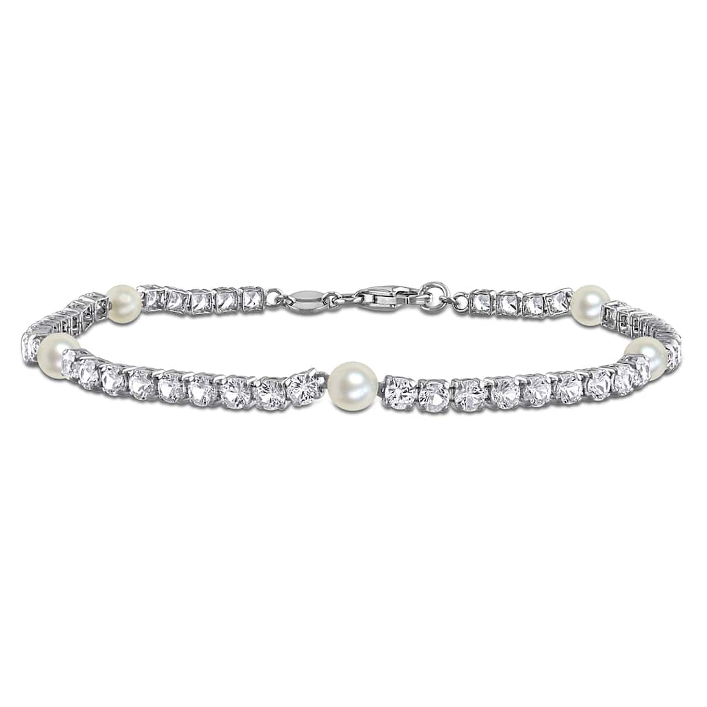 Miadora 4-4.5mm Cultured Freshwater Pearl 5 3/8ct Created White Sapphire Bracelet Sterling Silver
