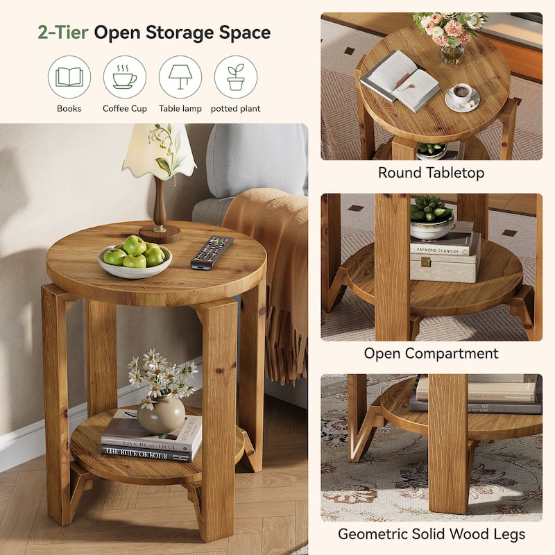 Round End Table with Storage Shelf, 2 Tier Solid Wood Side Table for Living Room