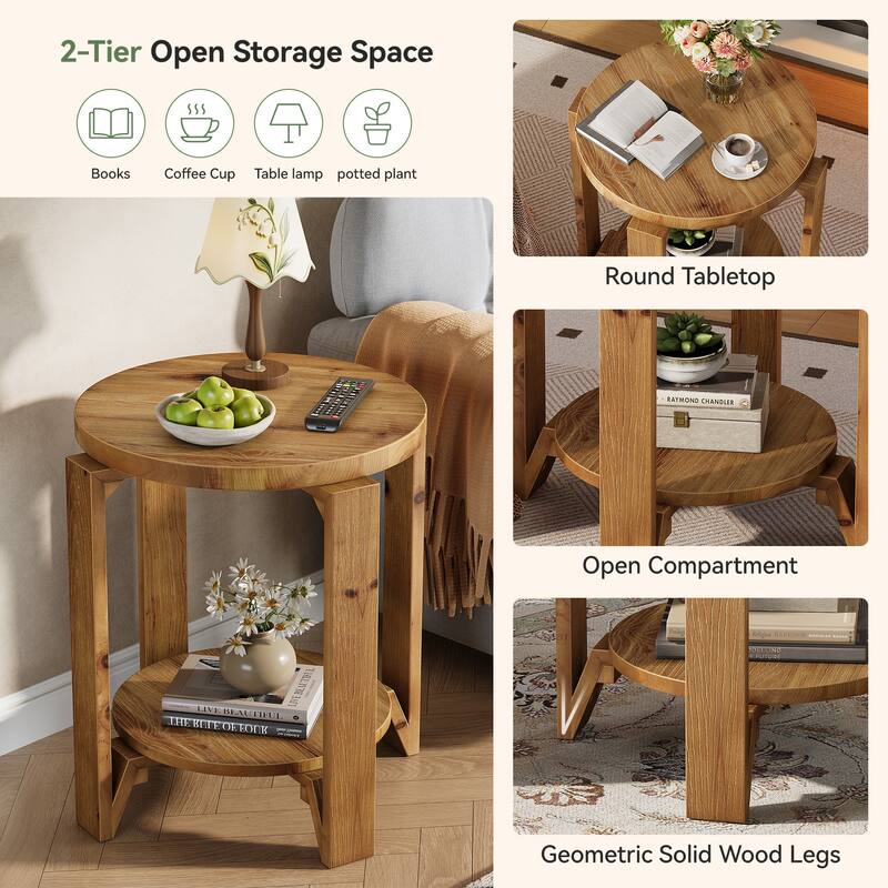 Round Side Table with Storage, 2 Tier Solid Wood End Table for Living Room / Bedroom