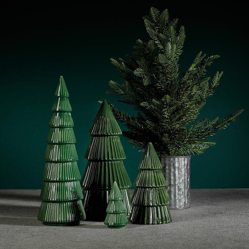 Glazed Winter Green Holiday Tree Sculptures-5" x 10.25", Set of 2 - 5" x 10.25"