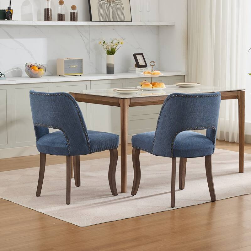 Fabric Upholstered Dining Chairs Set of 2, Kitchen Chairs with Curved Backrest, Accent Chair with Solid Wood Legs