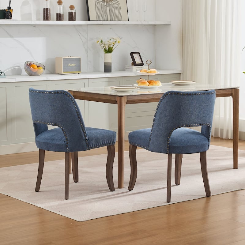 GDF Studio- Fabric Upholstered Farmhouse Dining Chair with Curved Wood Legs & Hollow-Out Back, Set of 2