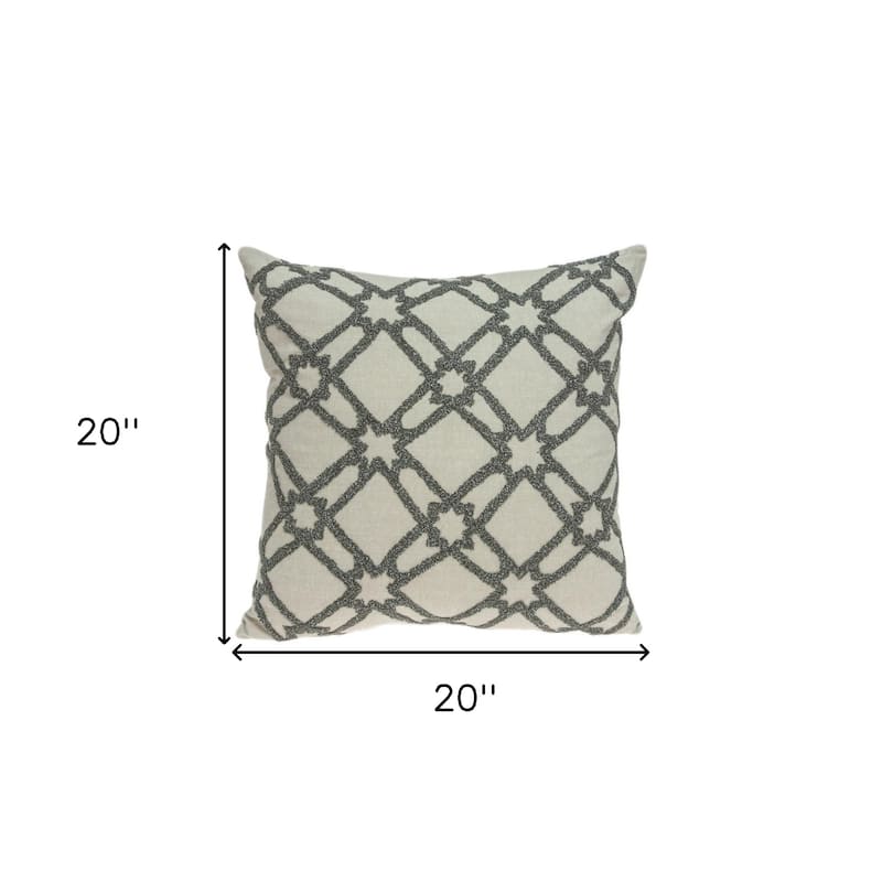 HomeRoots 20" Beige and Gray Diamond Cotton Throw Pillow With Embroidery