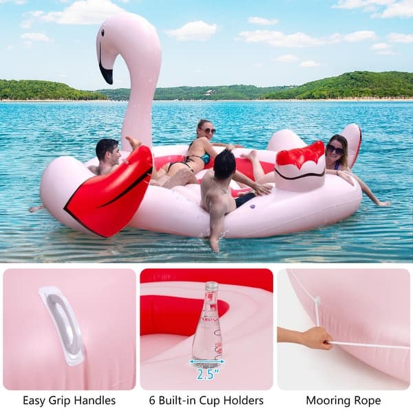 slide 2 of 11, 6 People Inflatable Flamingo Floating Island with 6 Cup Holders for Pool and River - 10' x 10.5' x 5.5' (L x W x H) 10' x 10.5' x 5.5' (L x W x H)
